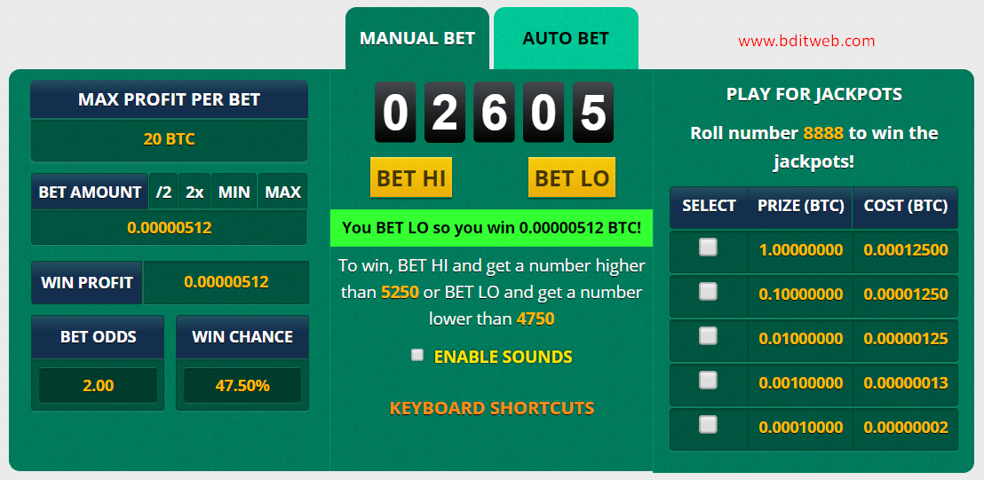 Freebitco Manual Bet HI-LO Game